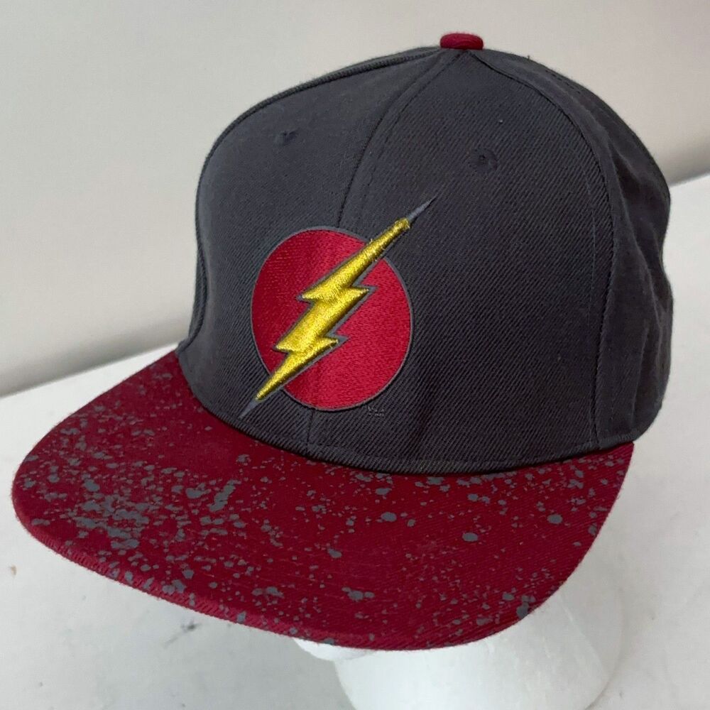 DC Comics The Flash Embroidered Snapback Hat Gray Red Splatter Wool Blend